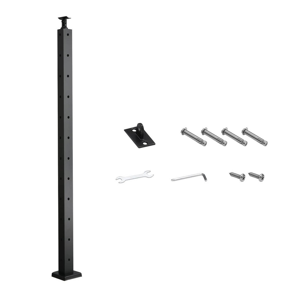 Uimoso cable railing post, black steel with L-shaped cable holes and base