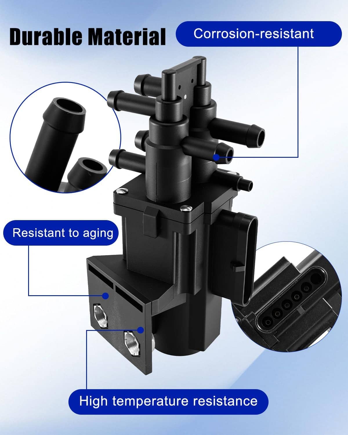 6-port fuel tank selector valve with rugged black housing and multi-port base