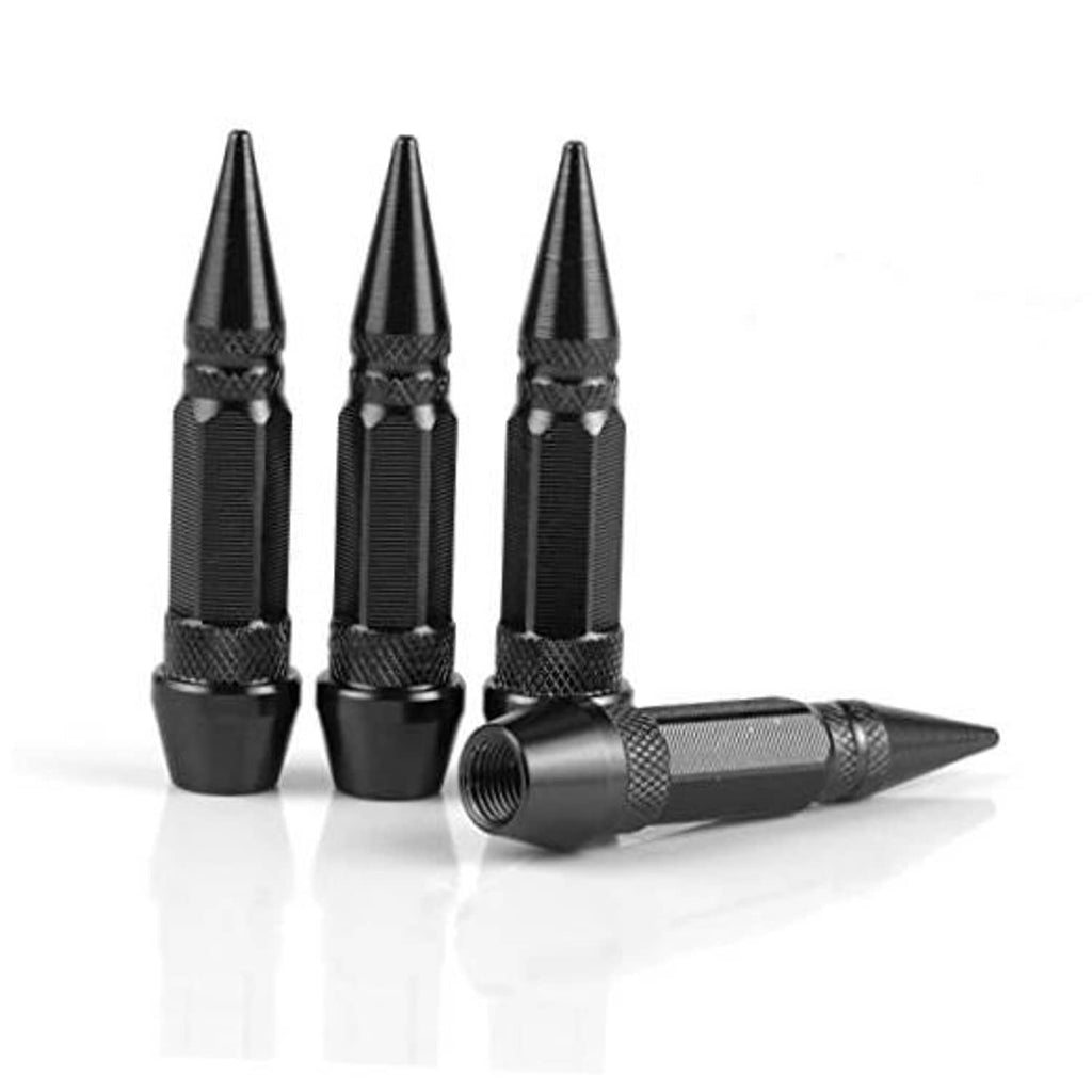 Set of three black spiked valve caps with knurled grip and threaded ends