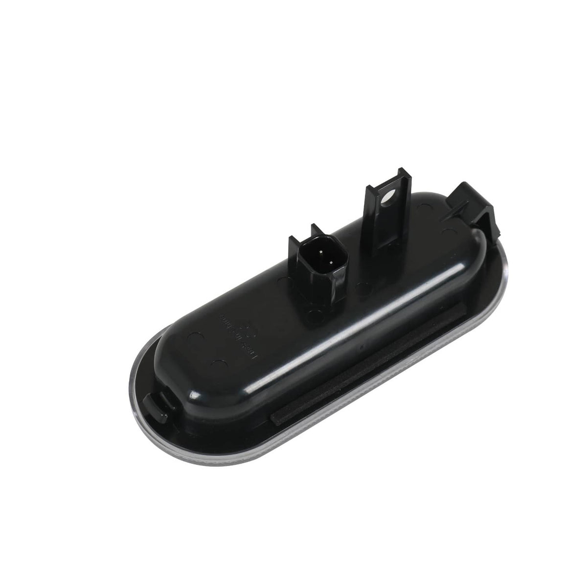 Black LED bed light housing with mounting tabs and oval lens cover