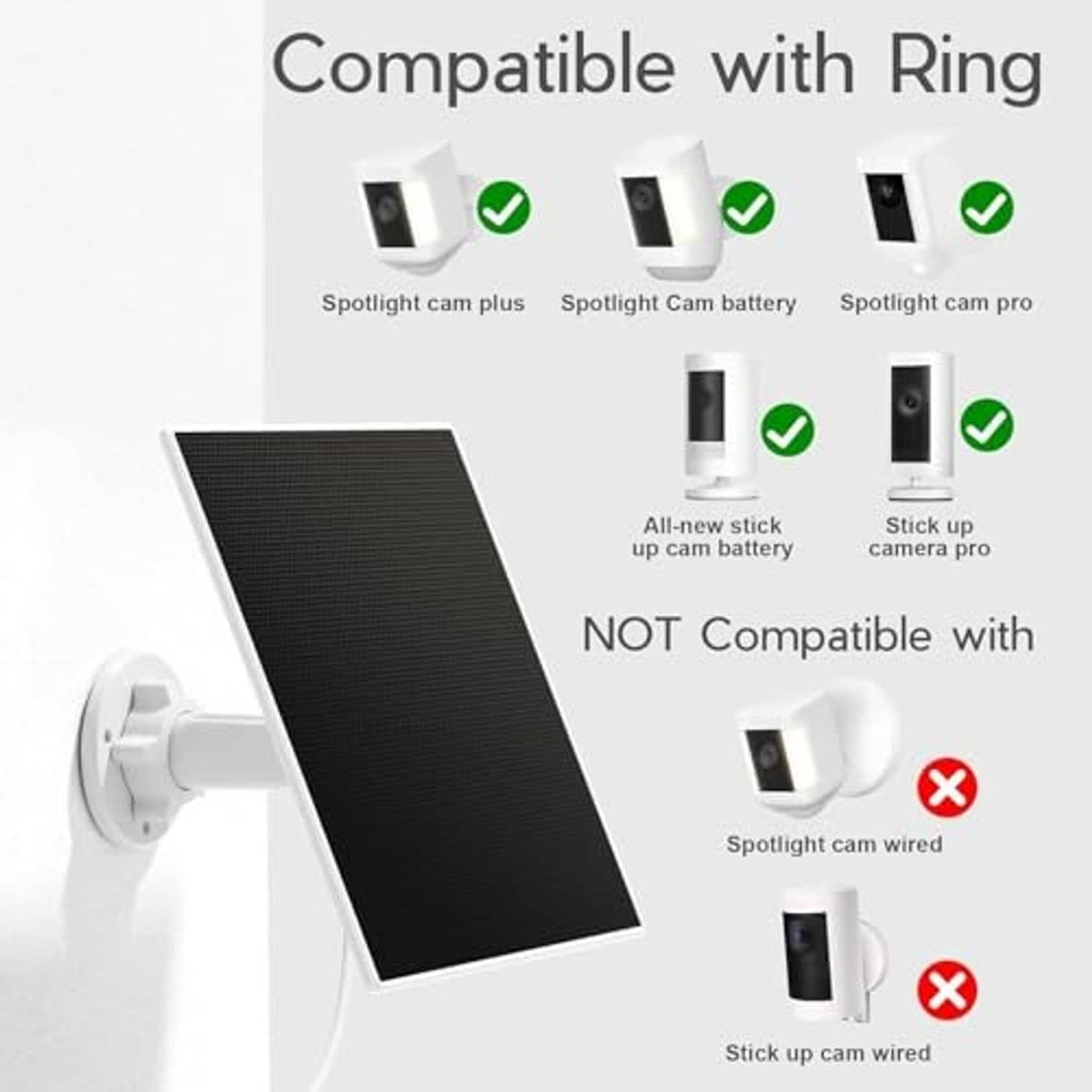 Solar panel charger compatibility chart with supported and unsupported Ring camera models