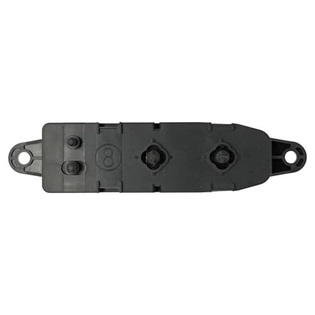 Power seat control switch side view with circular screw points and mounting loops, dark gray