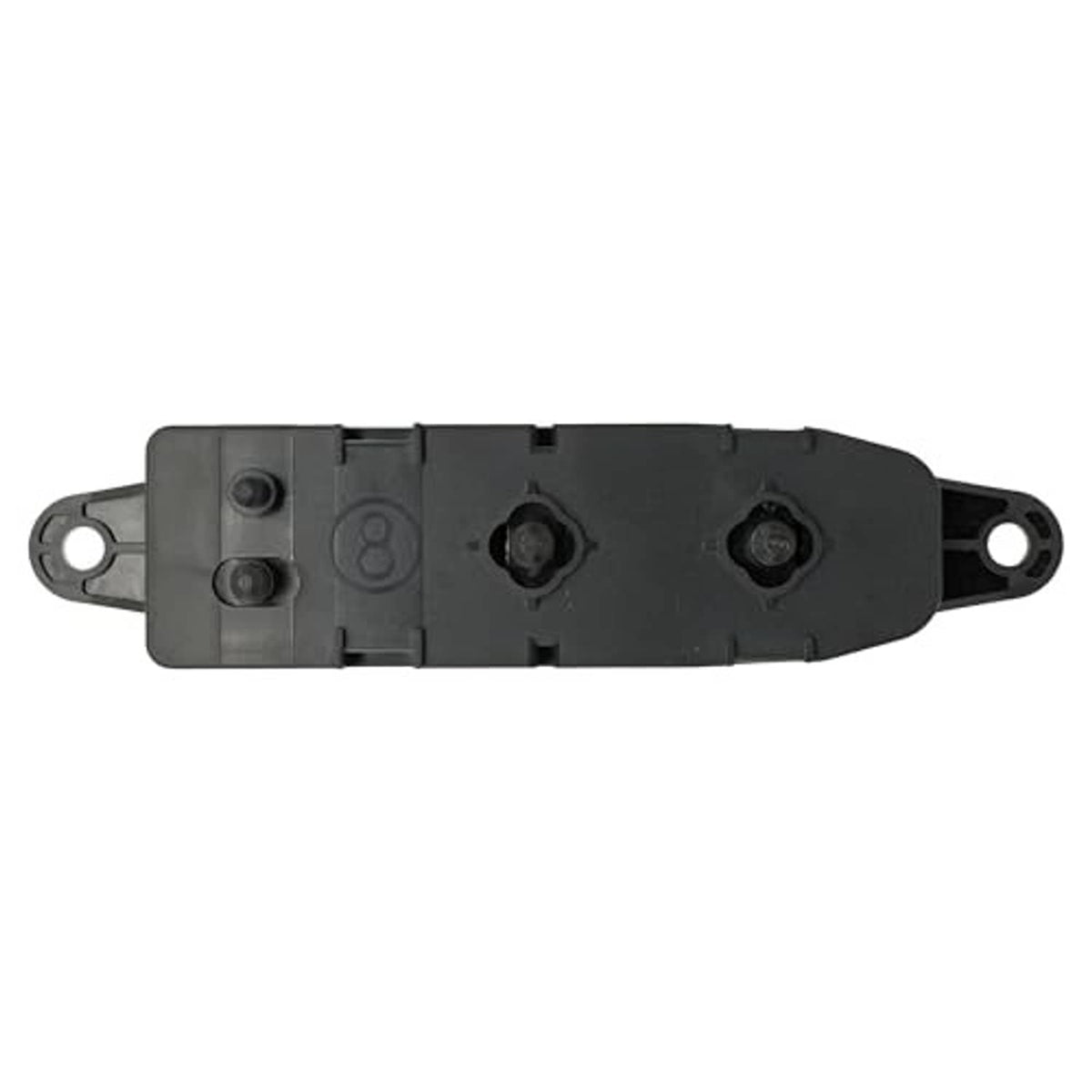 Power seat control switch side view with circular screw points and mounting loops, dark gray