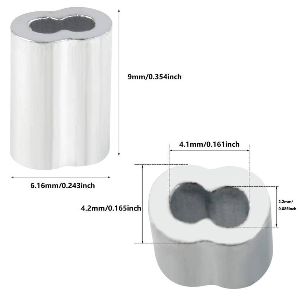 Aluminum loop cable ferrule sleeve with sizing diagram, oval crimp opening