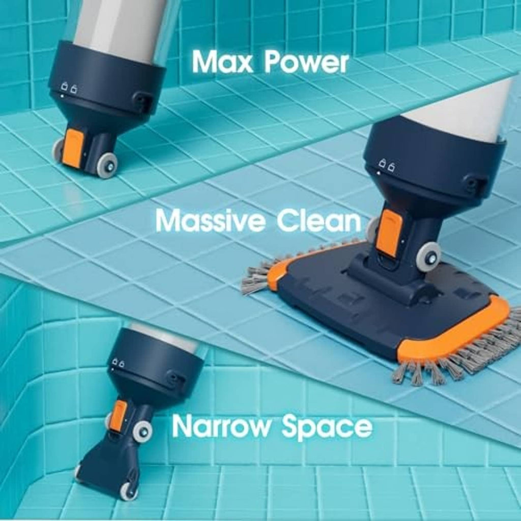 Cordless pool vacuum head with orange trim and brush for floor cleaning