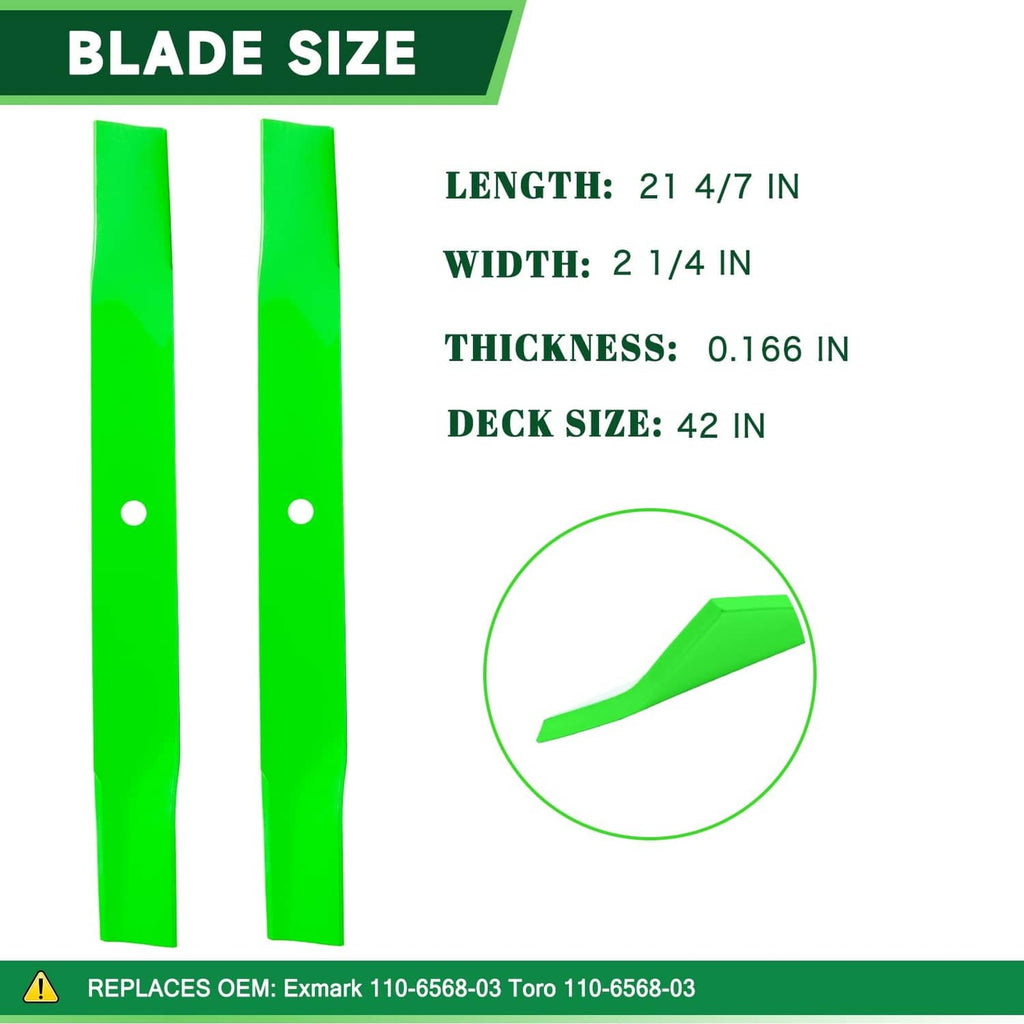 42-inch mower blades for 42 in deck: 21 4/7 in length, 2 1/4 in width