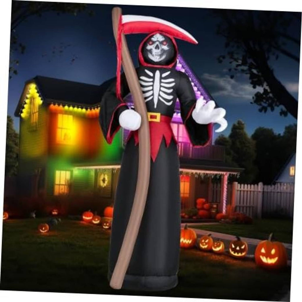 Inflatable grim reaper yard decoration in black robe with red hood and white skeleton face