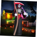 Inflatable grim reaper yard decoration in black robe with red hood and white skeleton face