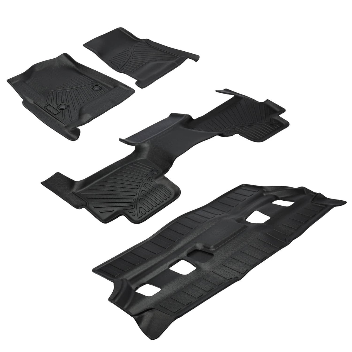 Black floor mat liner set showing multiple pieces with raised tread patterns