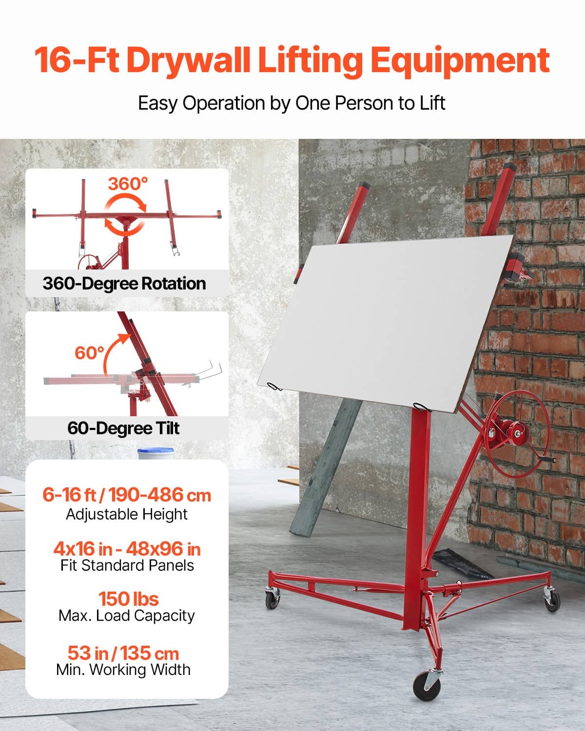Red drywall lifting equipment with adjustable frame and panel cradle on casters