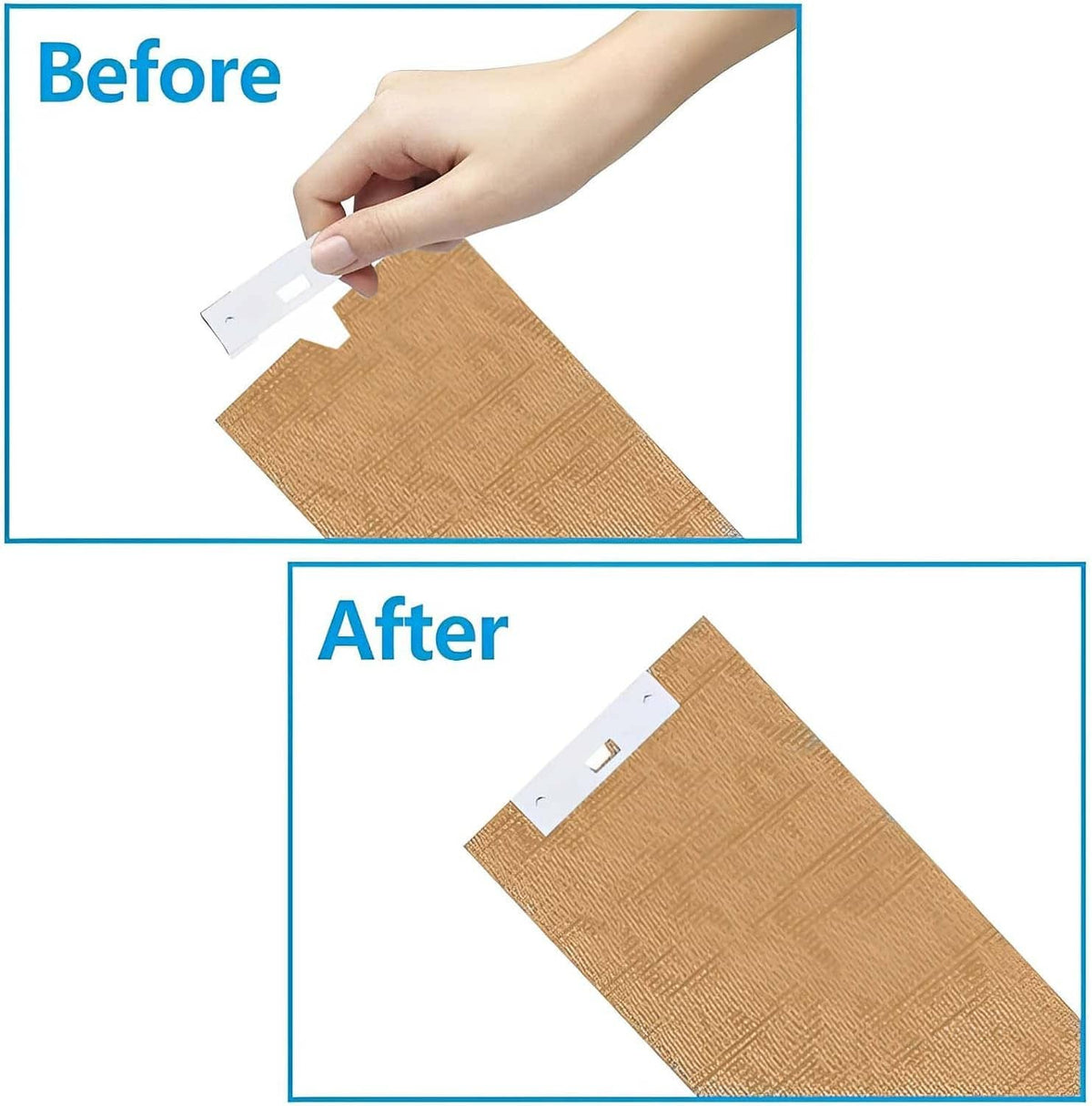 White metal blind repair tab securing a tan vertical slat after installation