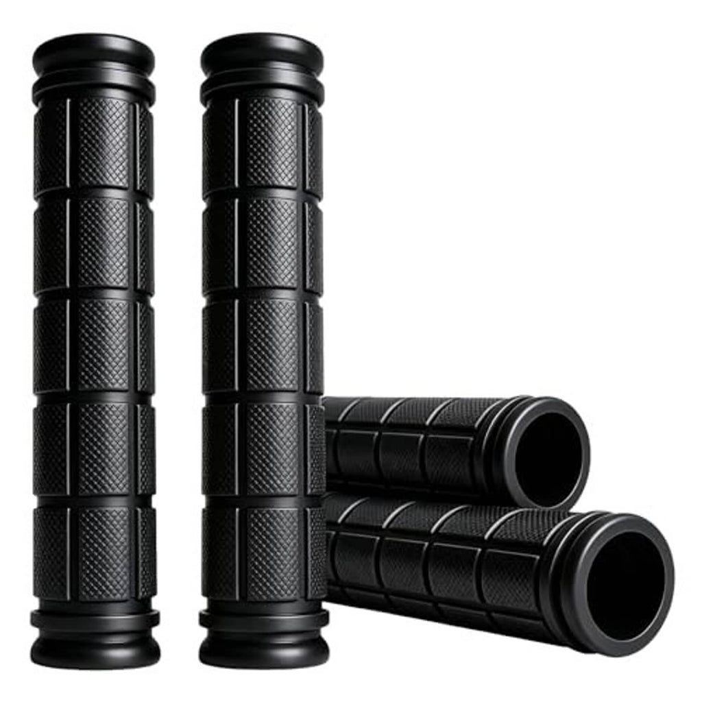 Black rubber bike handlebar grips set with textured grip pattern and open end sleeves