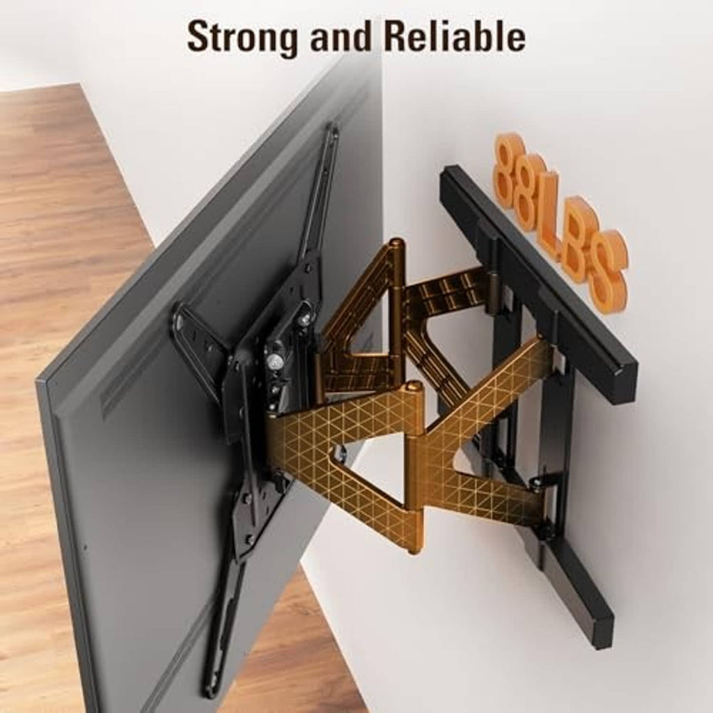 Black heavy-duty TV wall mount bracket with reinforced arms and locking brackets