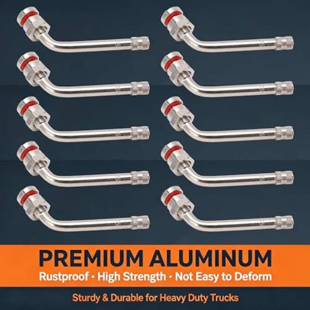 Multiple truck tire valve stem extensions with curved chrome tubes and red sealing rings.