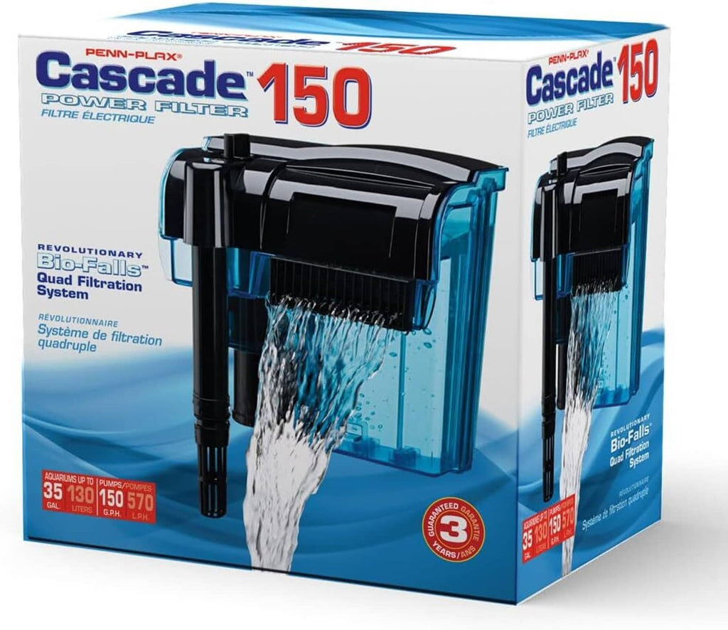 Aquarium power filter retail box with blue graphics and filter illustration