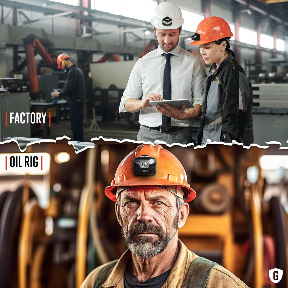 Black hard hat light on orange safety helmet, front lens visible