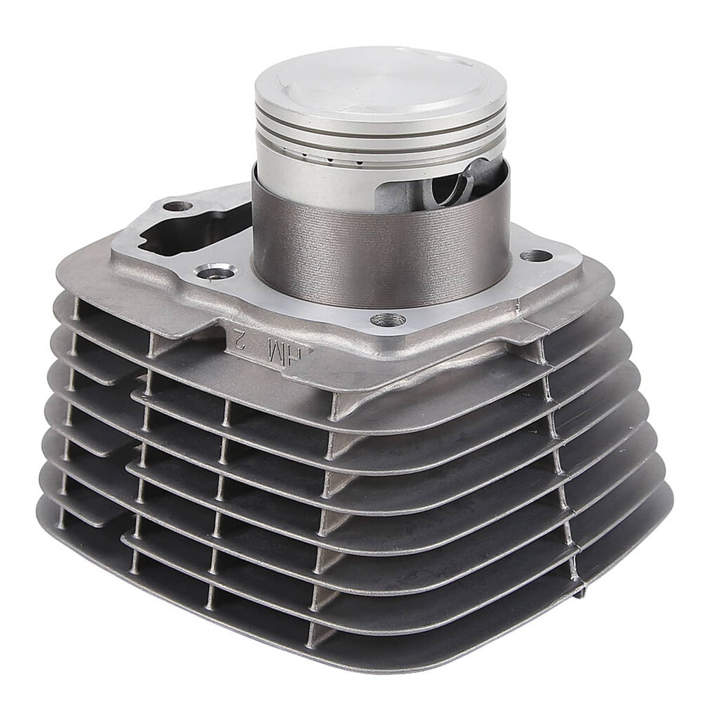 Cylinder and piston assembly with cooling fins and piston rings installed