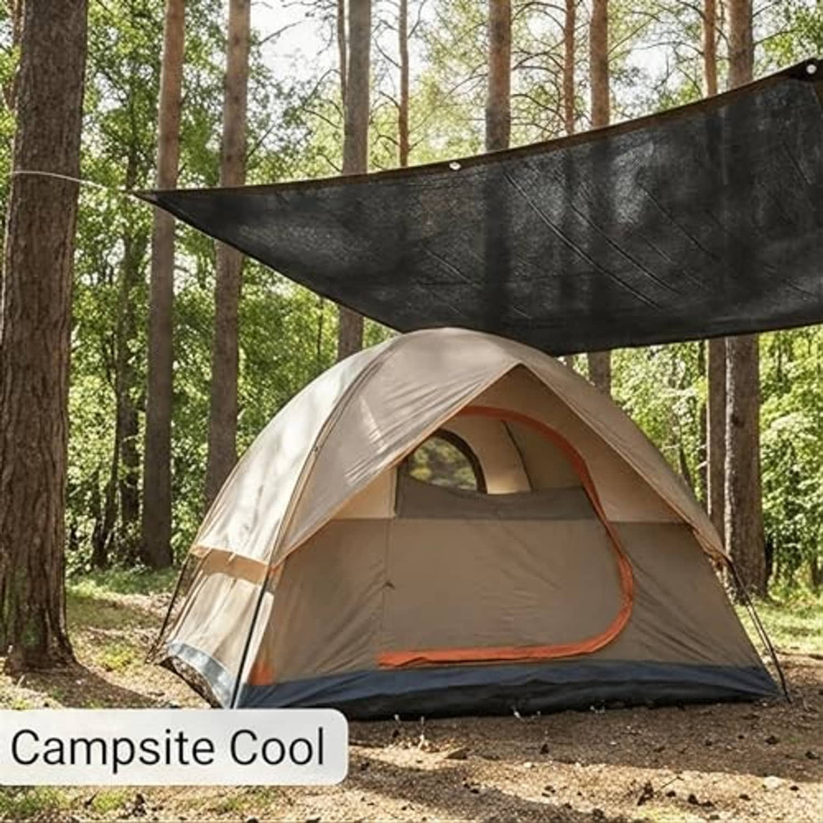 Large dark shade net hung above an outdoor camping tent