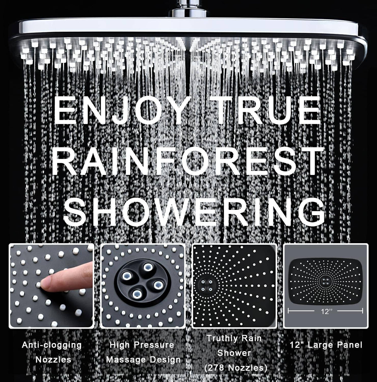 12 in rain shower head with large nozzle face and water stream