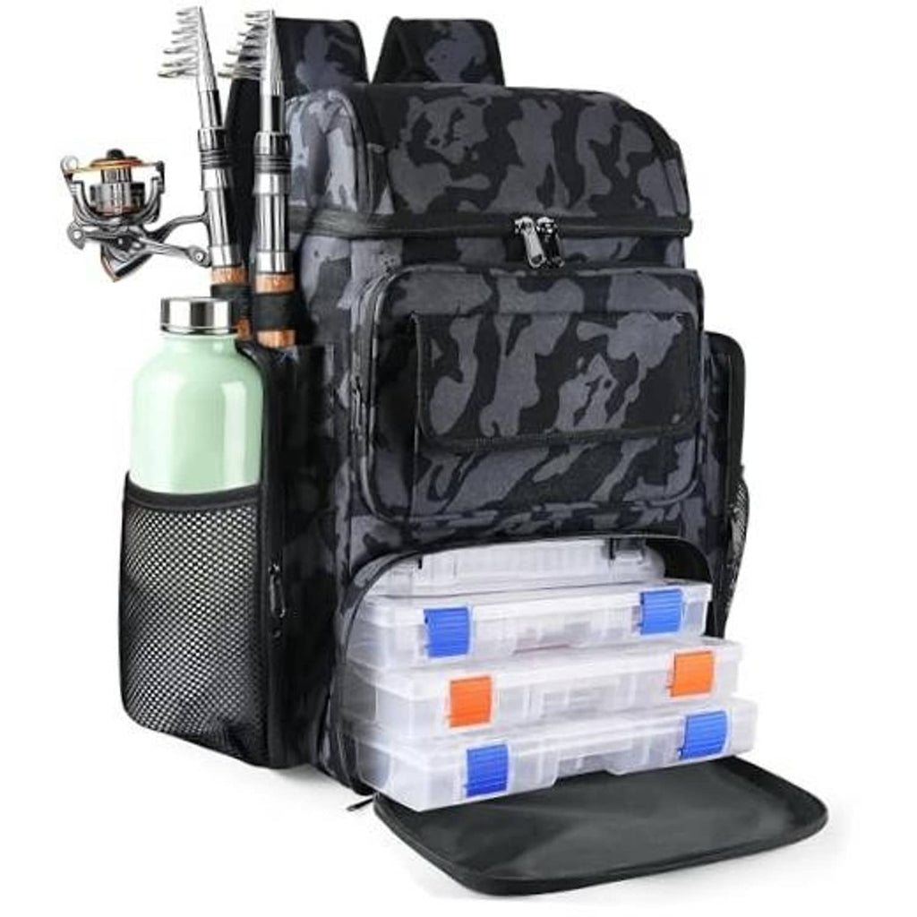 Camouflage black fishing tackle backpack with rod holders, mesh side pocket, and open tackle box storage