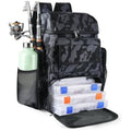Camouflage black fishing tackle backpack with rod holders, mesh side pocket, and open tackle box storage