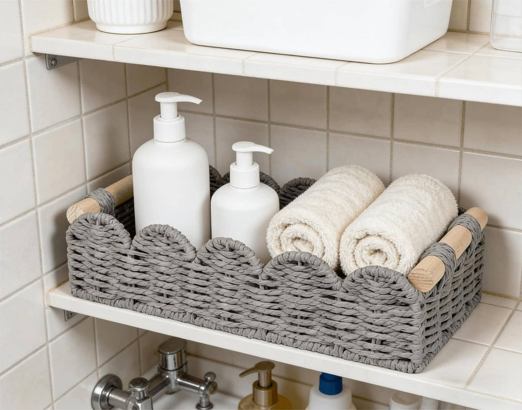 Grey woven toilet paper storage basket with scalloped rim and rope handle ends on bathroom shelf.