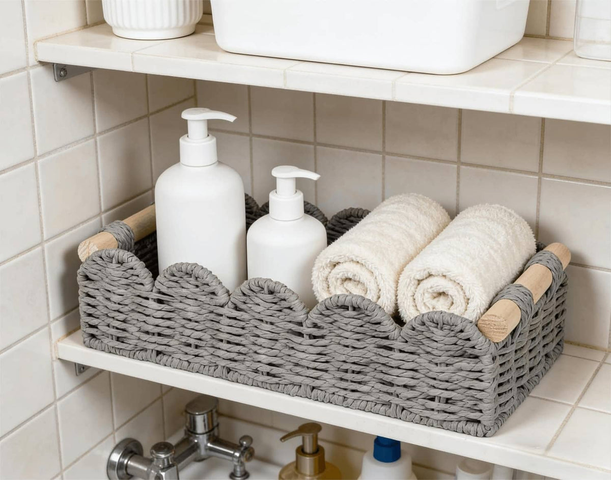 Grey woven toilet paper storage basket with scalloped rim and rope handle ends on bathroom shelf.