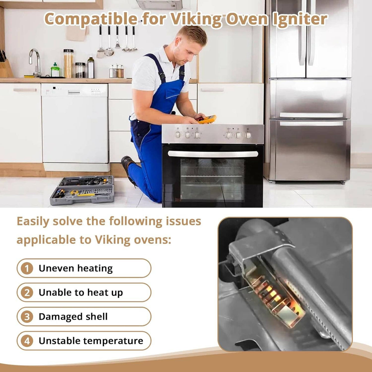 Gas oven igniter replacement kit with gray igniter modules and braided wire leads for Viking