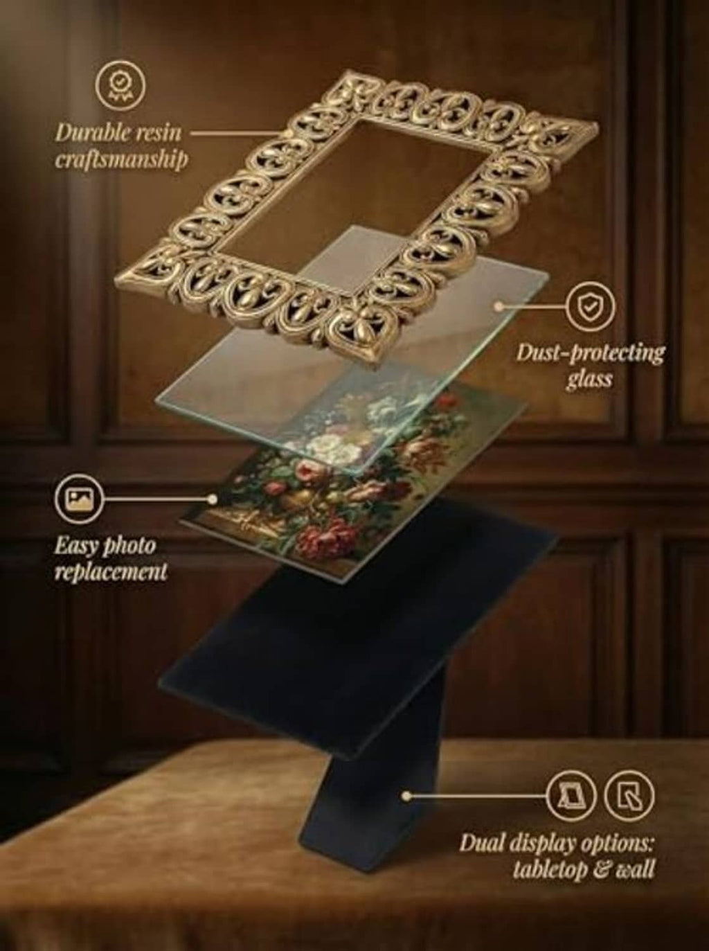 Antique gold scroll photo frame with protective glass and decorative filigree border