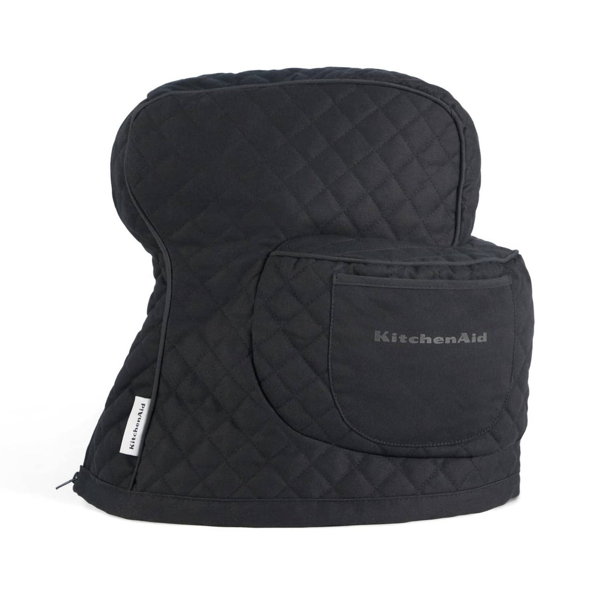 Matte black quilted stand mixer cover with front pocket and KitchenAid logo patch