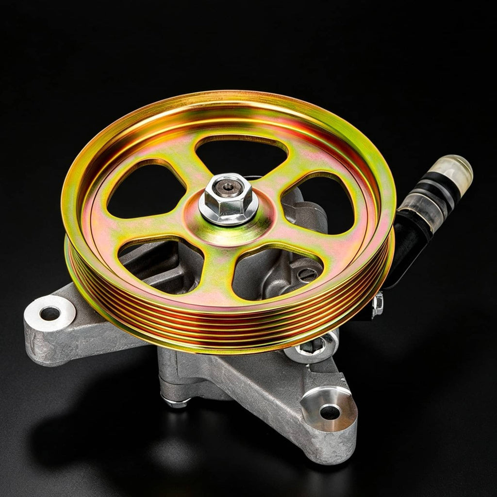 Power steering pump with pulley, yellow-gold fan face, and attached outlet hose
