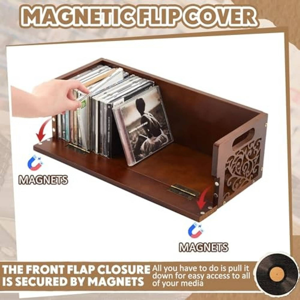 Brown wooden CD storage rack with open magnetic front flap and side cutout handles
