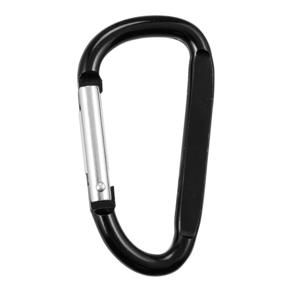 Black carabiner snap hook keyring clip with silver metal gate and latch