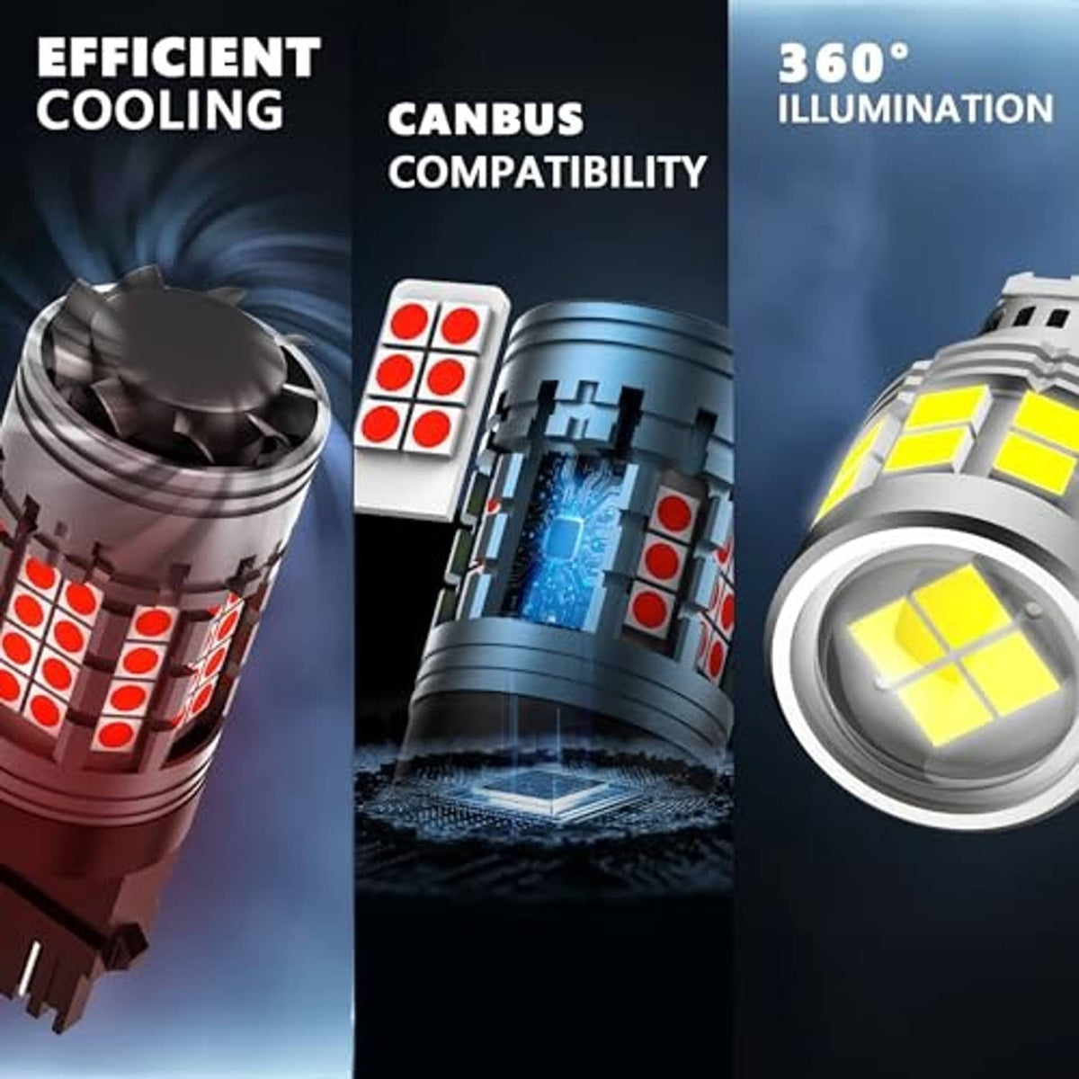 LED tail light bulbs with metal heat-sink housing, showing airflow cooling around LEDs