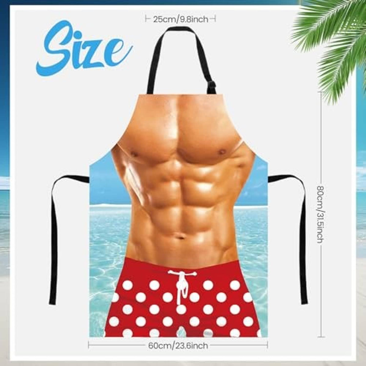 Red polka-dot cooking apron with black neck straps; size marked 60cm and 80cm