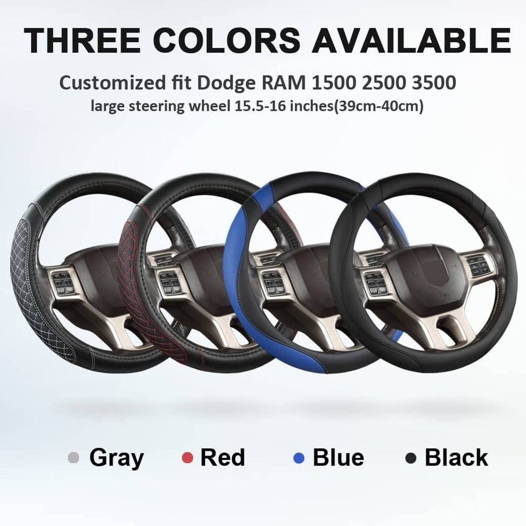 Set of steering wheel covers in black, blue, red, and gray with stitched quilted grip