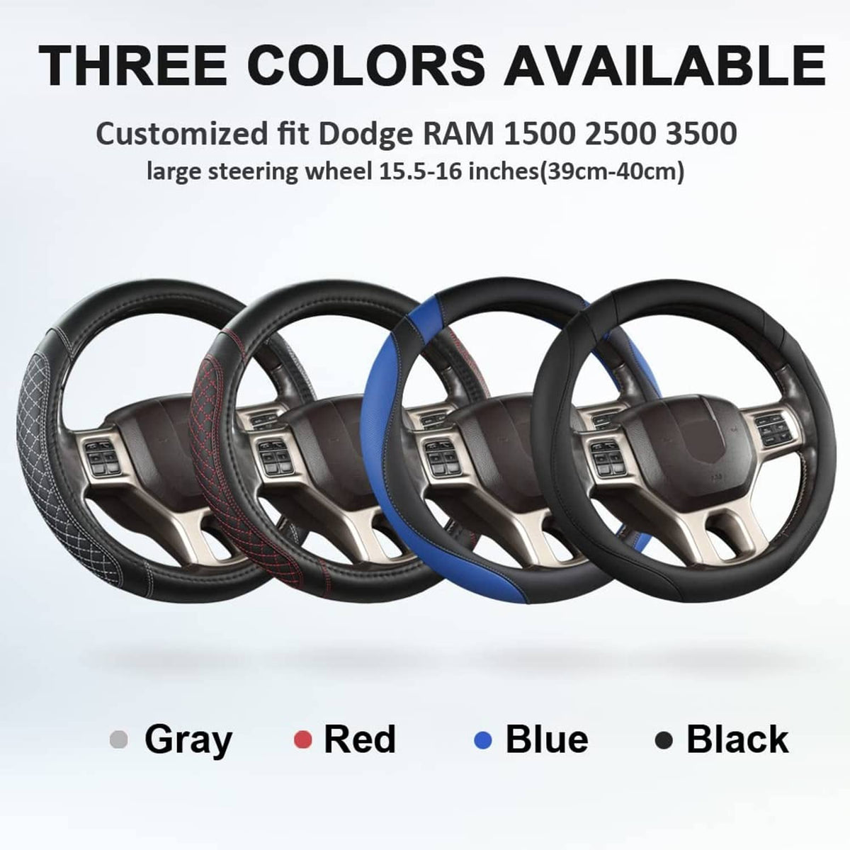 Set of steering wheel covers in black, blue, red, and gray with stitched quilted grip