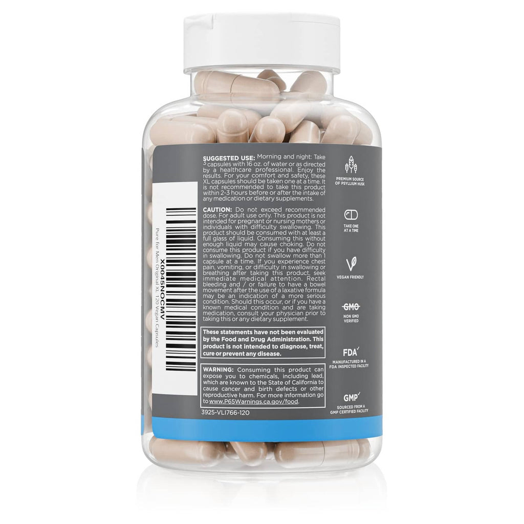 Stay ready psyllium fiber supplement bottle with back label and barcode, 120 capsules
