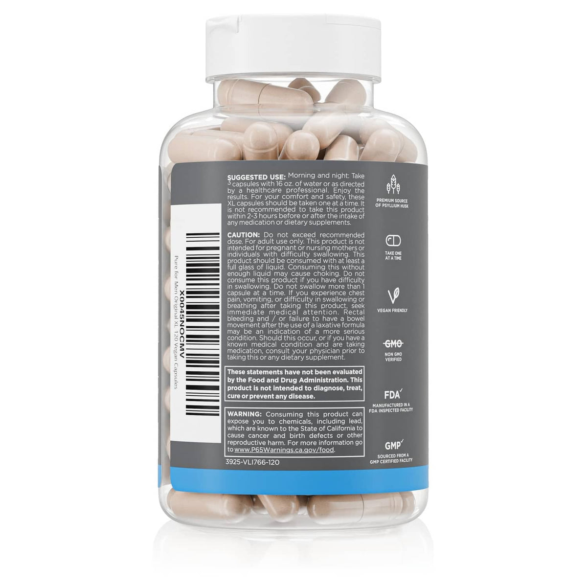 Stay ready psyllium fiber supplement bottle with back label and barcode, 120 capsules