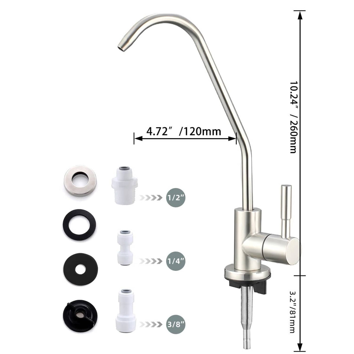 Water filter faucet with gooseneck spout and included mounting seals and connectors