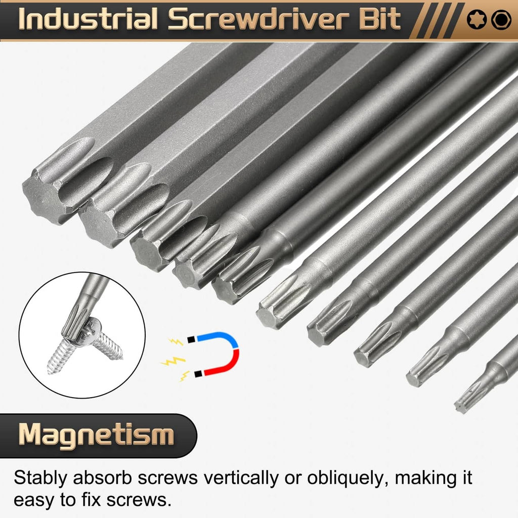 Gray Torx screwdriver bits with metal tips arranged in a row
