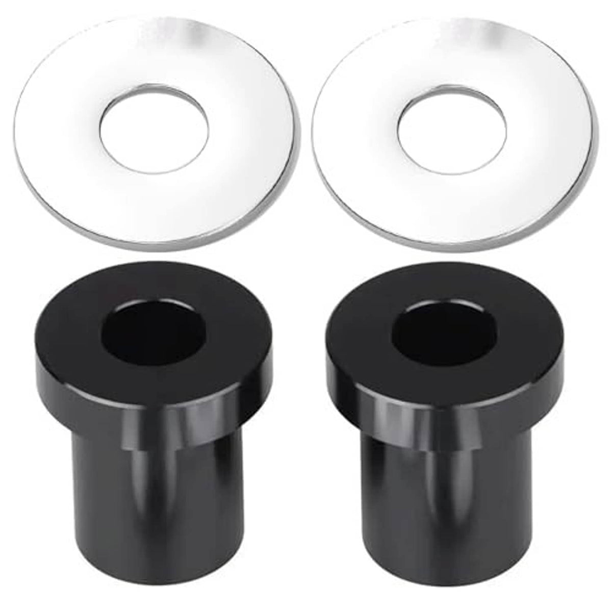 Black handlebar riser bushings with two silver washers; flat tops with center holes