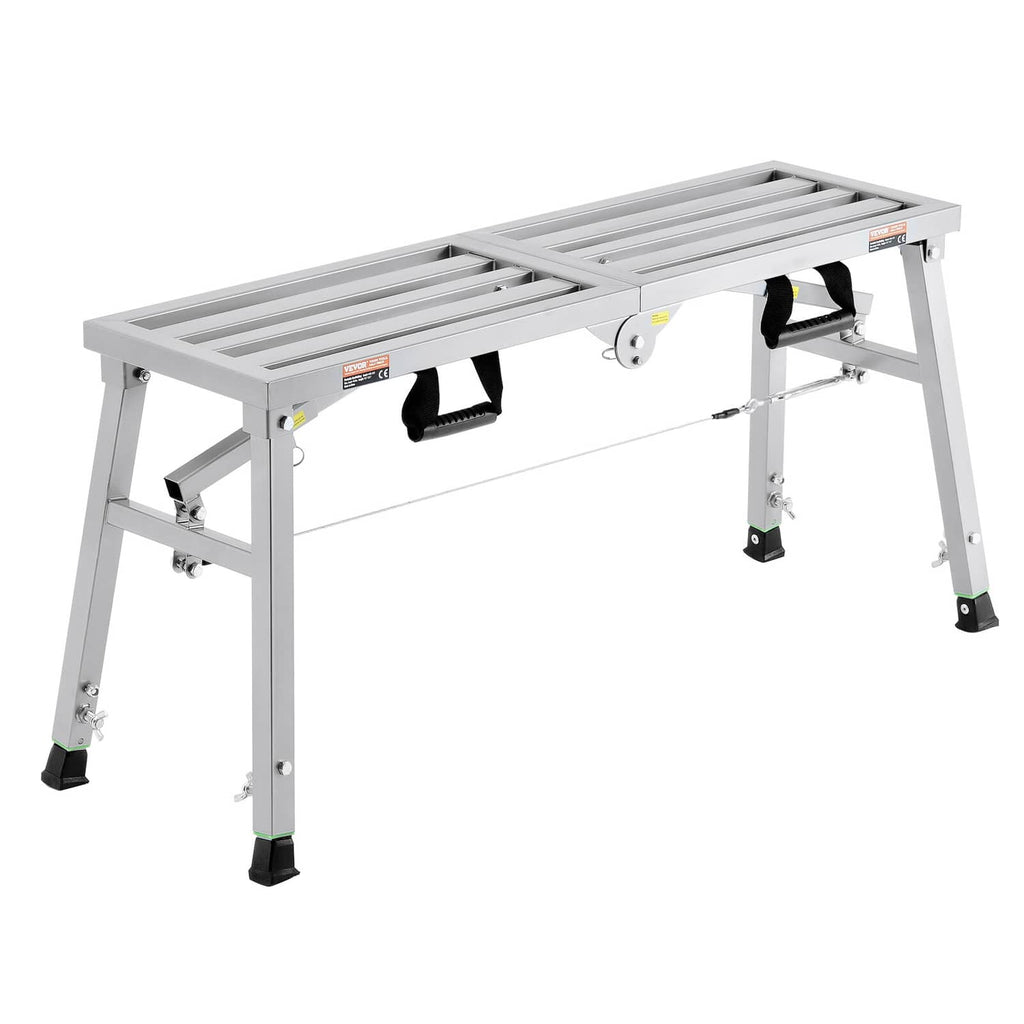 Adjustable height portable scaffolding platform with four corner feet and steel frame