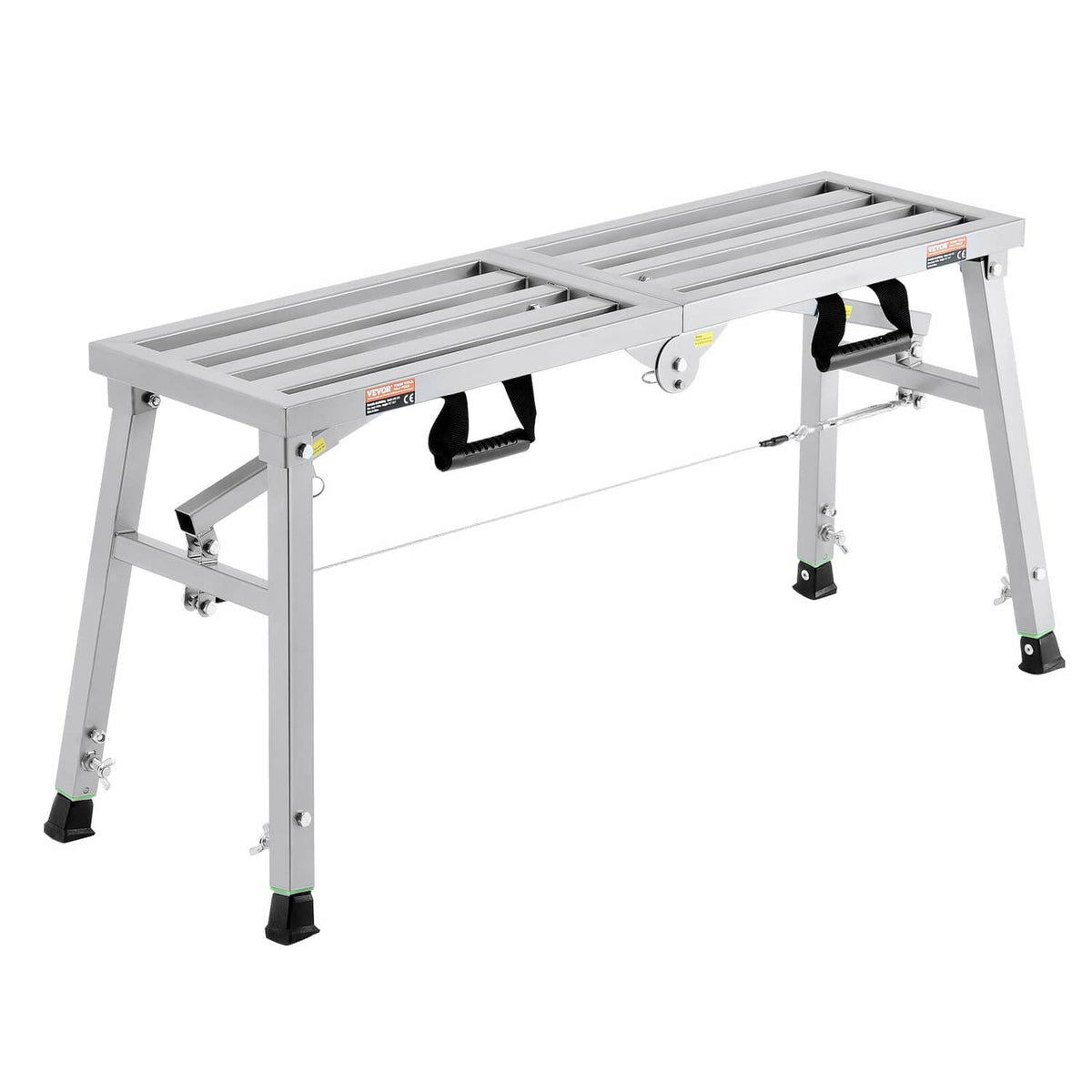 Adjustable height portable scaffolding platform with four corner feet and steel frame