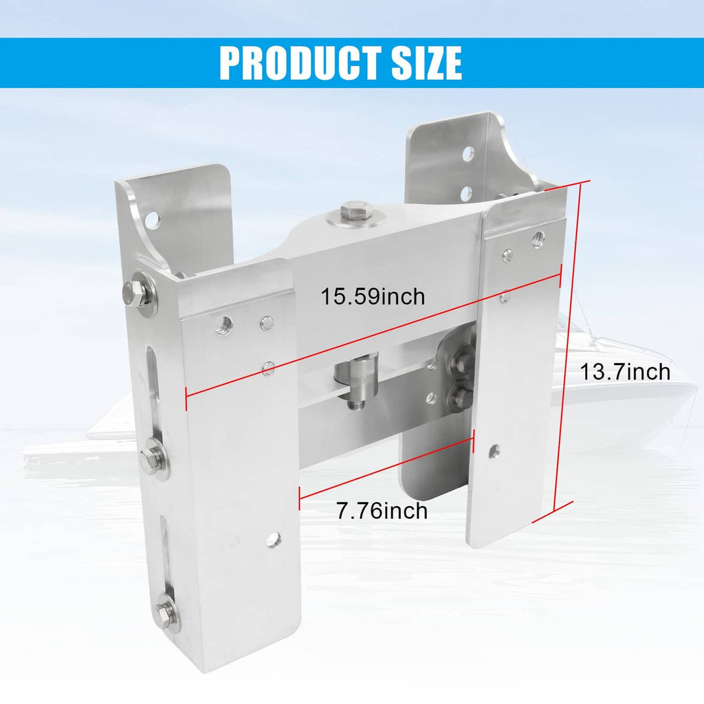 Adjustable boat jack plate set, front view with wide mounting brackets, silver finish