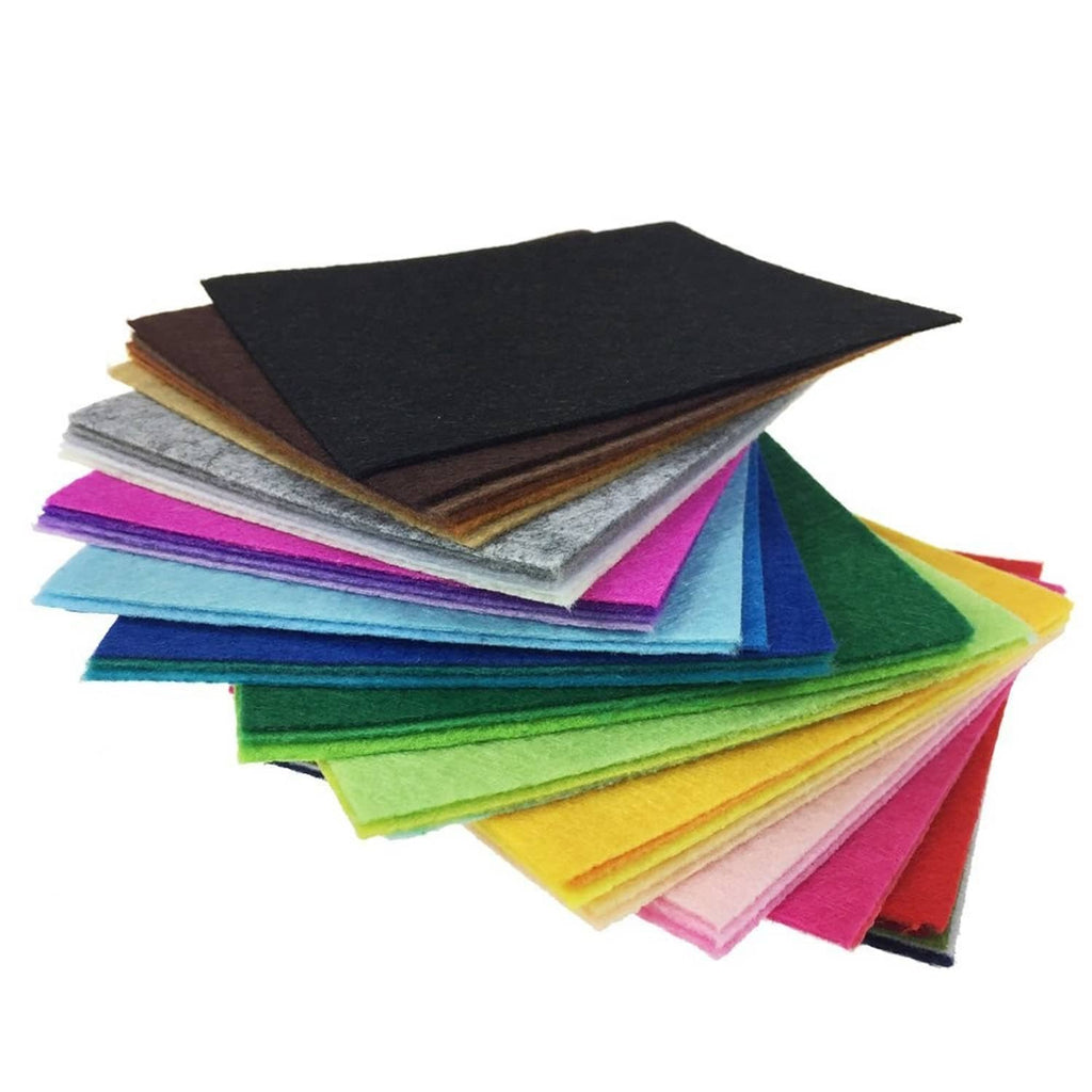 Assorted felt fabric squares in bright colors, neatly stacked and spread