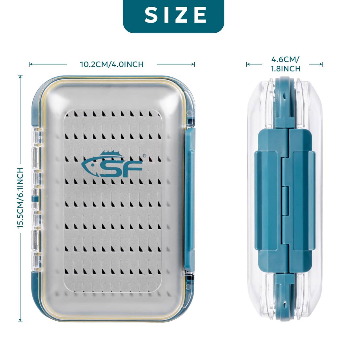 Large waterproof fly box showing blue latch and hinged clear lid with foam insert panel