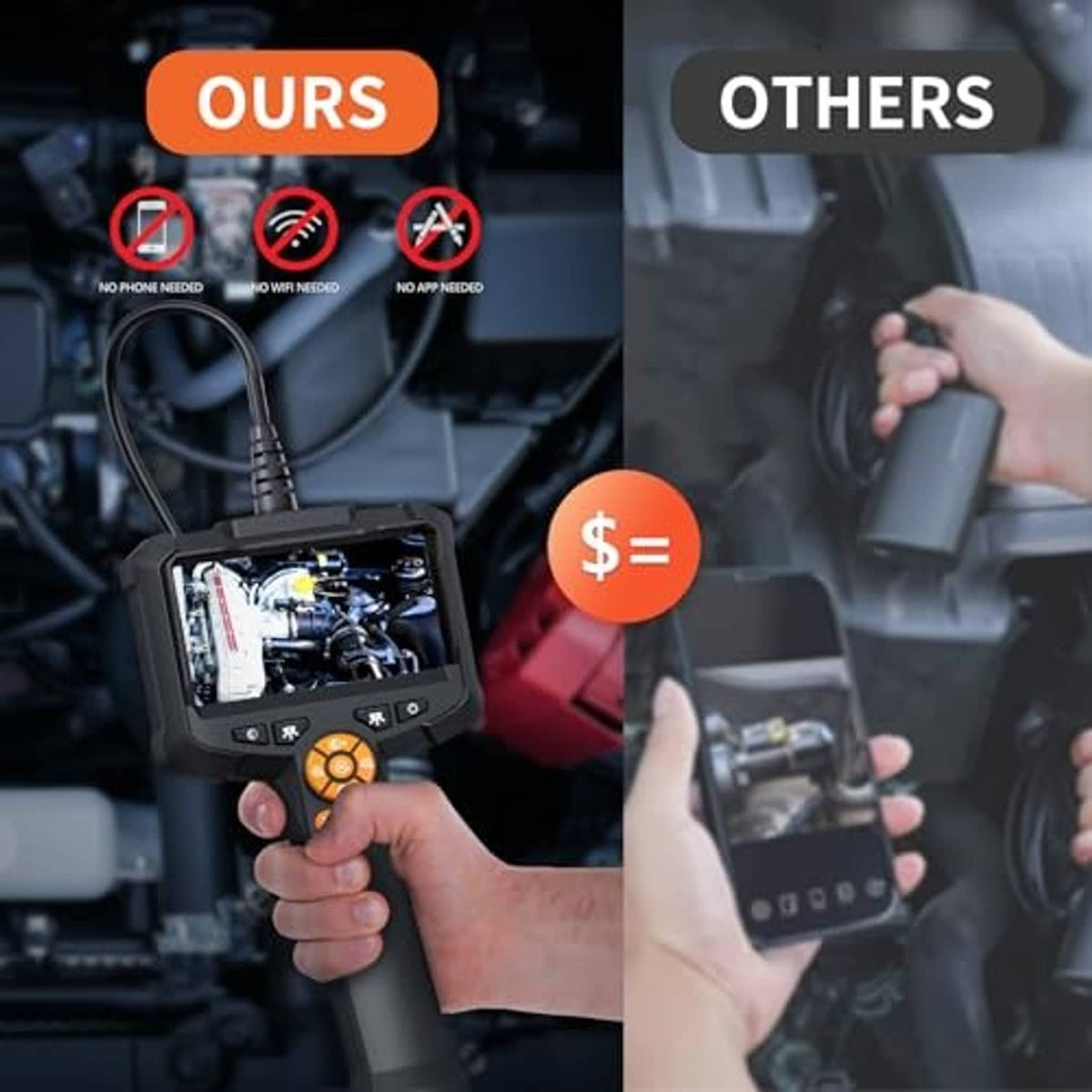 Handheld borescope camera with screen unit and accessory probes for inspection