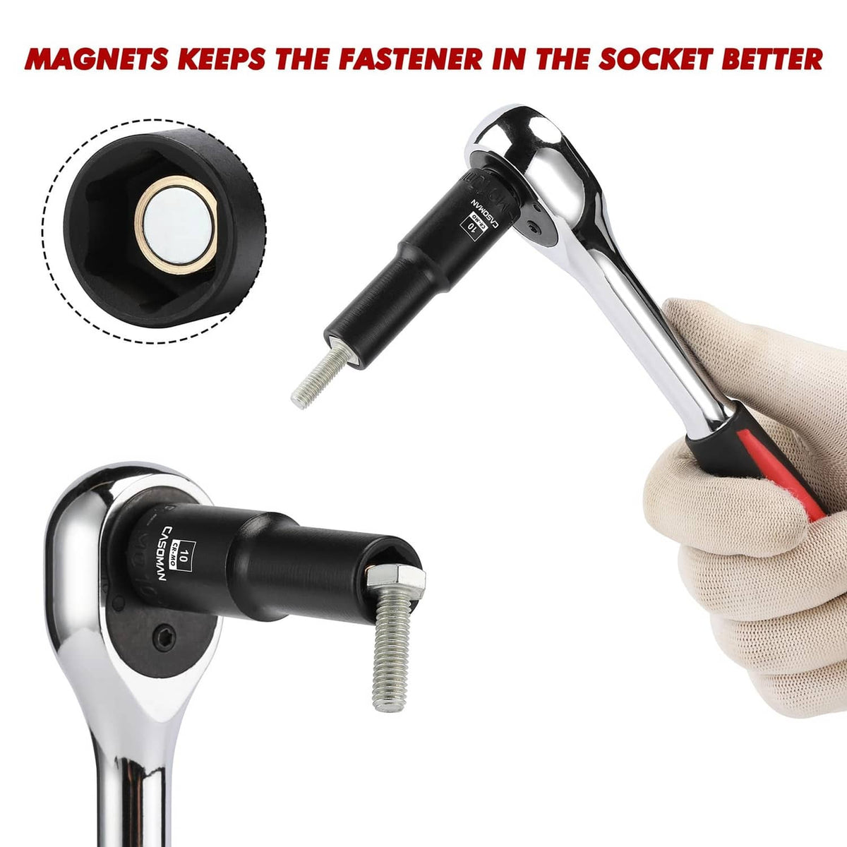 Magnetic deep impact socket with steel collar and retaining ring, 3/8 in drive