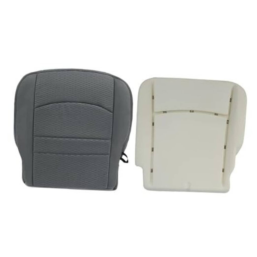 Gray cloth seat cover with foam cushion for driver-side bottom, front view.